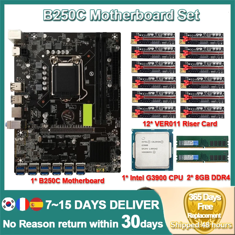 

Материнская плата для майнинга B250C, материнская плата для LGA1151 с ЦПУ G3900, 12 USB3.0 в слот PCIE, 8 ГБ, 2133 МГц, DDR4, 12 шт., Ver011, мини-Райзер, добывающая уста...