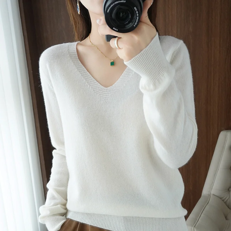 

Autumn And Winter Cashmere Sweater New Women's V-neck Pullover Lace Neck Hollow Out Design Casual Knitted Long Sleeve Women's