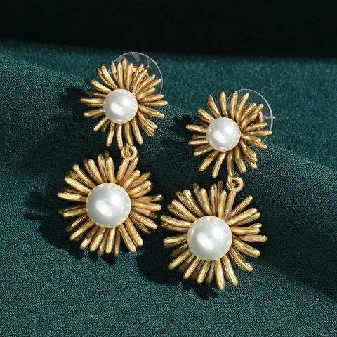 STALAIT Серьги-капельки с жемчугом и подсолнухом из меди