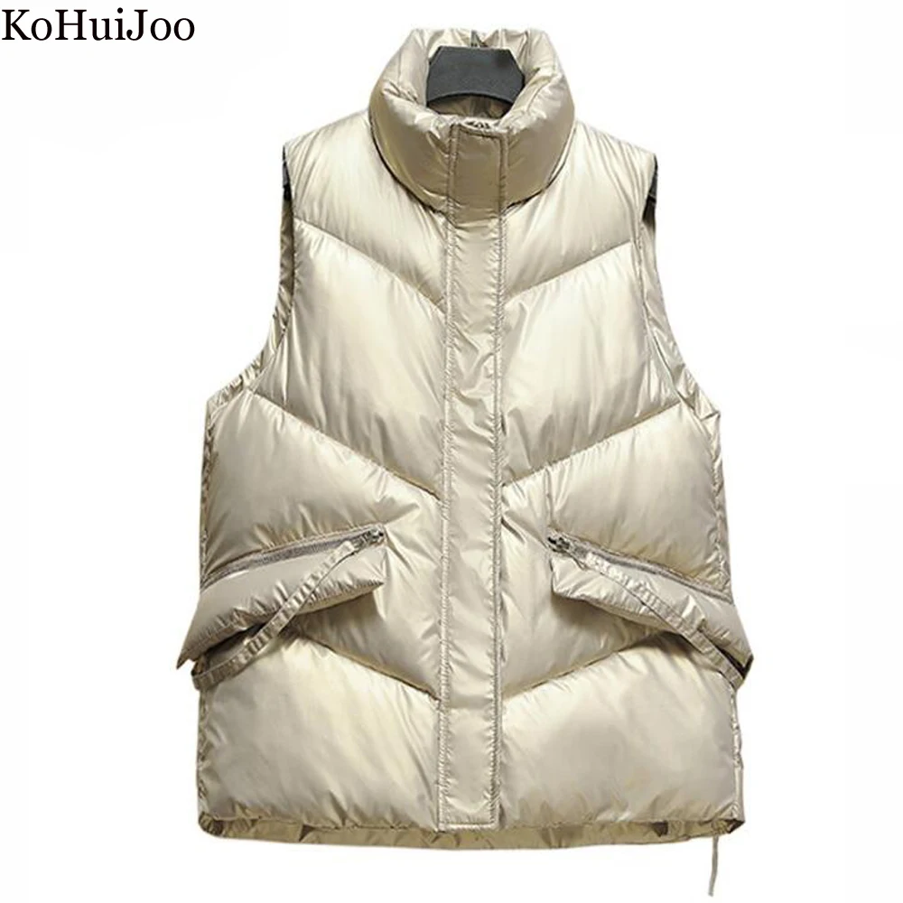 

KoHuiJoo 2022 Autumn Winter Bright Wash Free Down Cotton Vest Women's Short Korean Sleeveless Stand Collar Pocket Waistcoat Coat