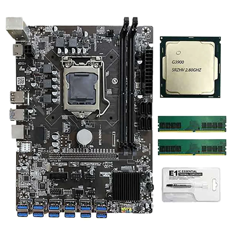 

NEW-B250C BTC Mining Motherboard With G3900 CPU+Thermal Grease+2X DDR4 RAM 12 USB To PCI-E Slot LGA1151 DDR4 DIMM SATA3.0