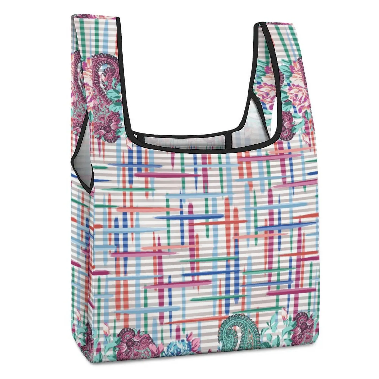 Color Blocked Tote Foldable Shopping Bag Double Strap Handbag Colorful Printing Tote Casual Woman Handbag Custom Pattern