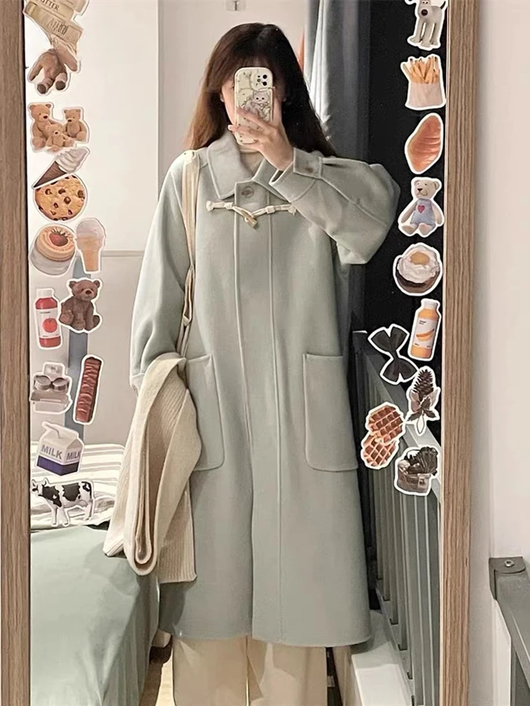 

Light Blue Chicly Button Loose Female Trench Thick Warm Fashion Pockets Basic Simple Casual Solid Color Slim Women Trench