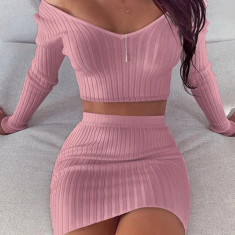 

Женский Повседневный костюм из двух предметов, облегающее платье с открытыми плечами и короткая юбка, весна 2021