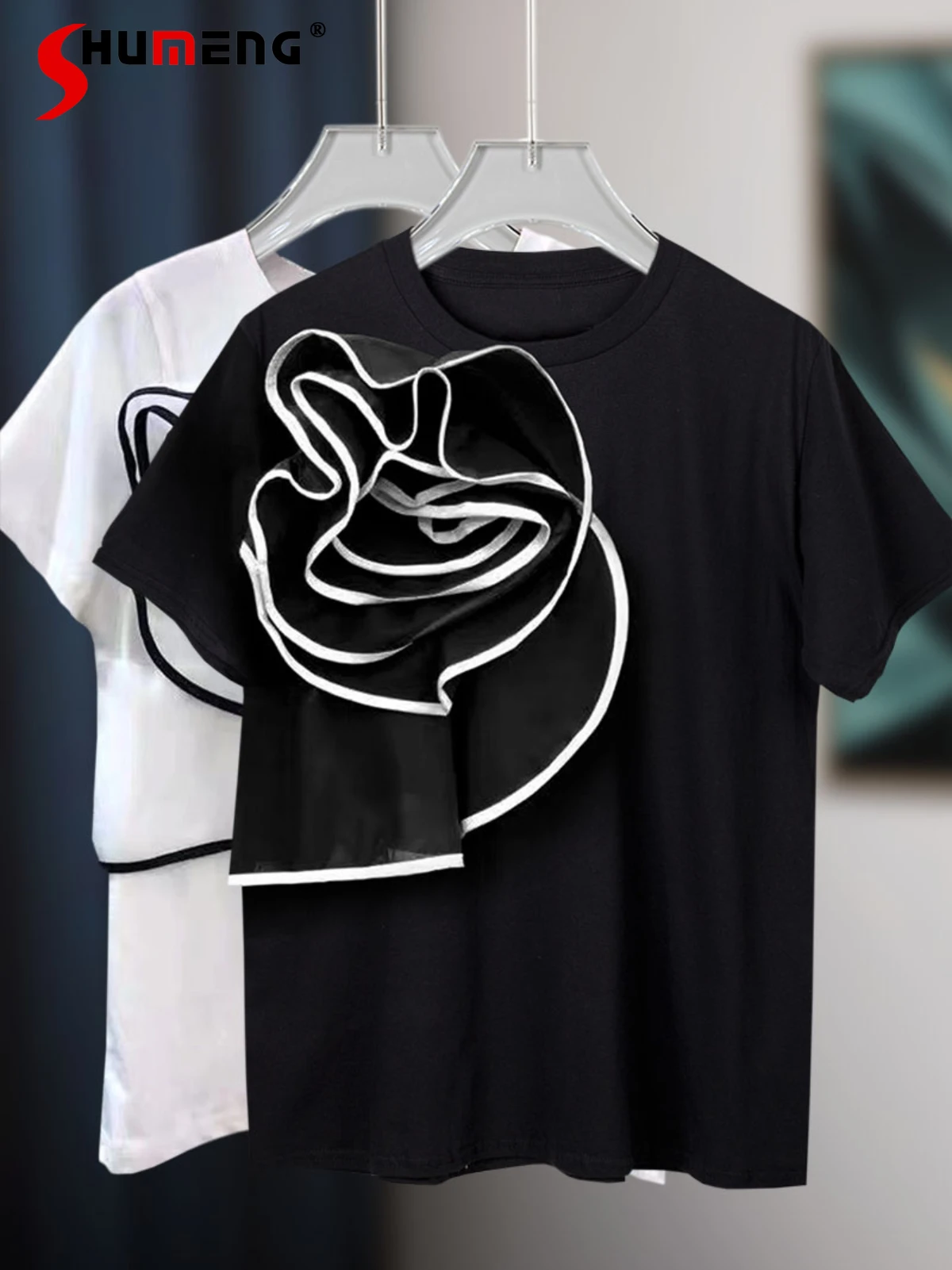 

Summer All-matching T-shirt Women's Ins Fashion Loose Cotton Crew Neck Pullover Tees 3D Flower Ruffled Chic Short-Sleeved Top