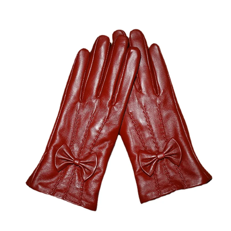 NS86  Touch-screen Sheepskin Mittens Driving Winter Plus Velvet Padded Warm Thin Cute Bow Ladies Leather Gloves