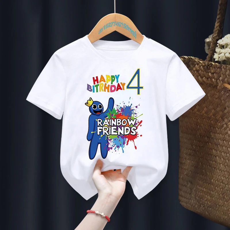 Funny Watercolor Rainbow Friends T-Shirt Happy Birthday Party Gfit Number 0-9 T Shirt Boys Girls Kids Clothes Short Sleeve Tops