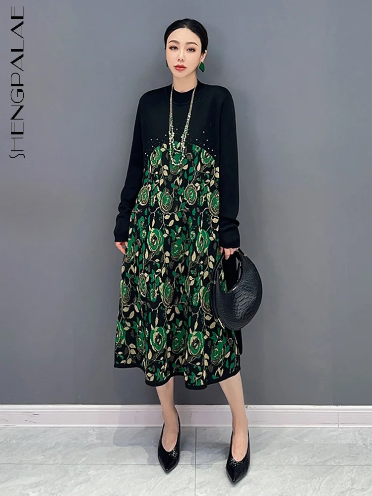 

SHENGPALAE Printed Dress For Women Fashion Spliced Contrast Color O-neck Full Sleeve Casual Vestido Autumn 2023 New Tide 5R5369