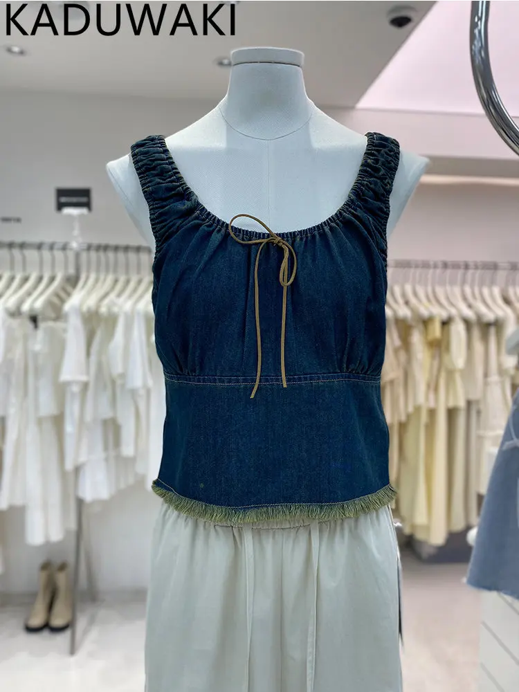 

Летний женский дизайнерский винтажный Джинсовый укороченный Топ без бретелек Y2k, уличная одежда, жилет, горячая пикантная корейская мода Gyaru, уютная кавайная