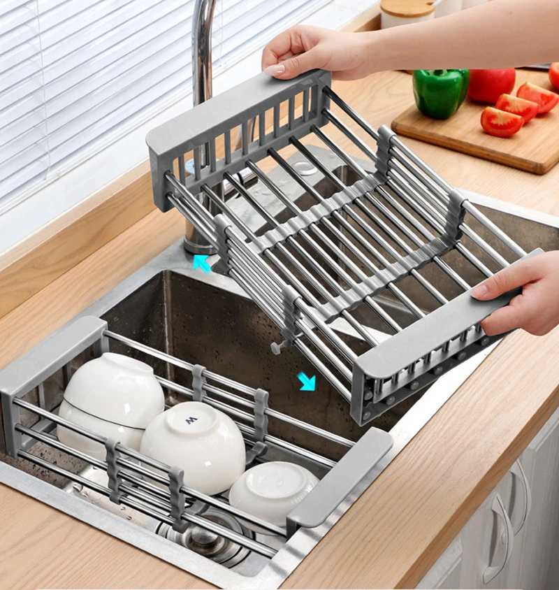 

Adjustable Stainless Steel Sink Rack Sink Dish Rack Dish Holder Kitchen Sink Storage Drain Basket Rack Fruits Vegetable Drainer