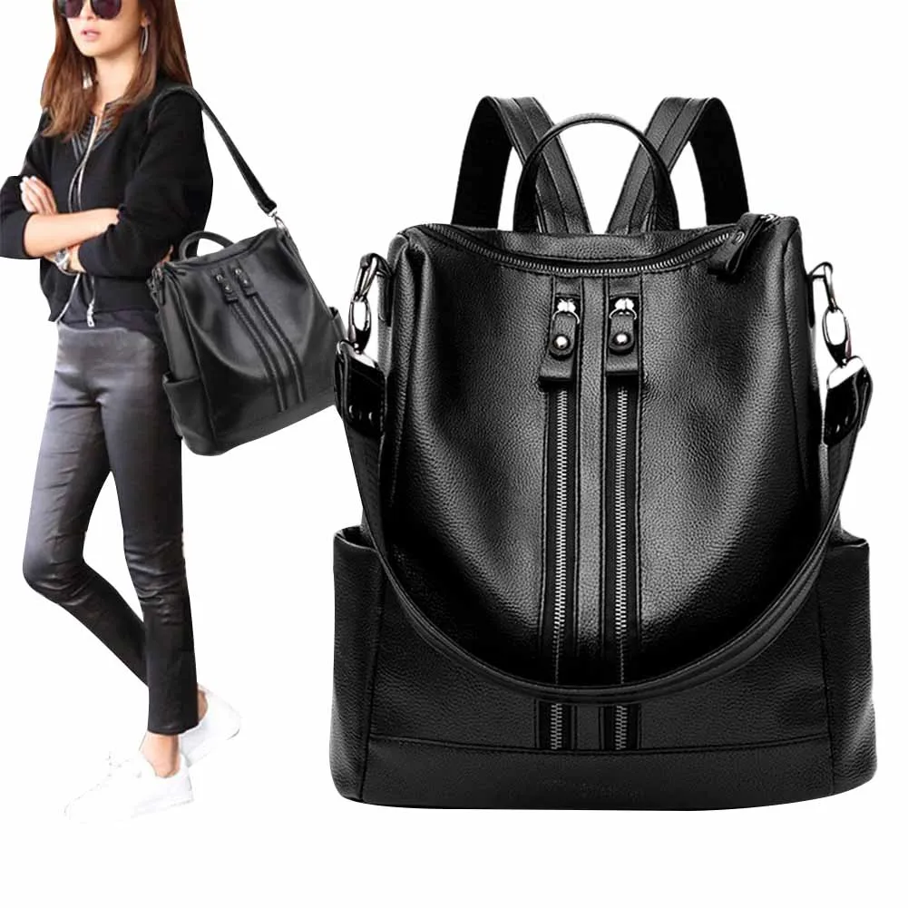 

Travel Women Black Bag Leather Waterproof Backpack Bag Backpacks Shoulder Zip For School Double Female