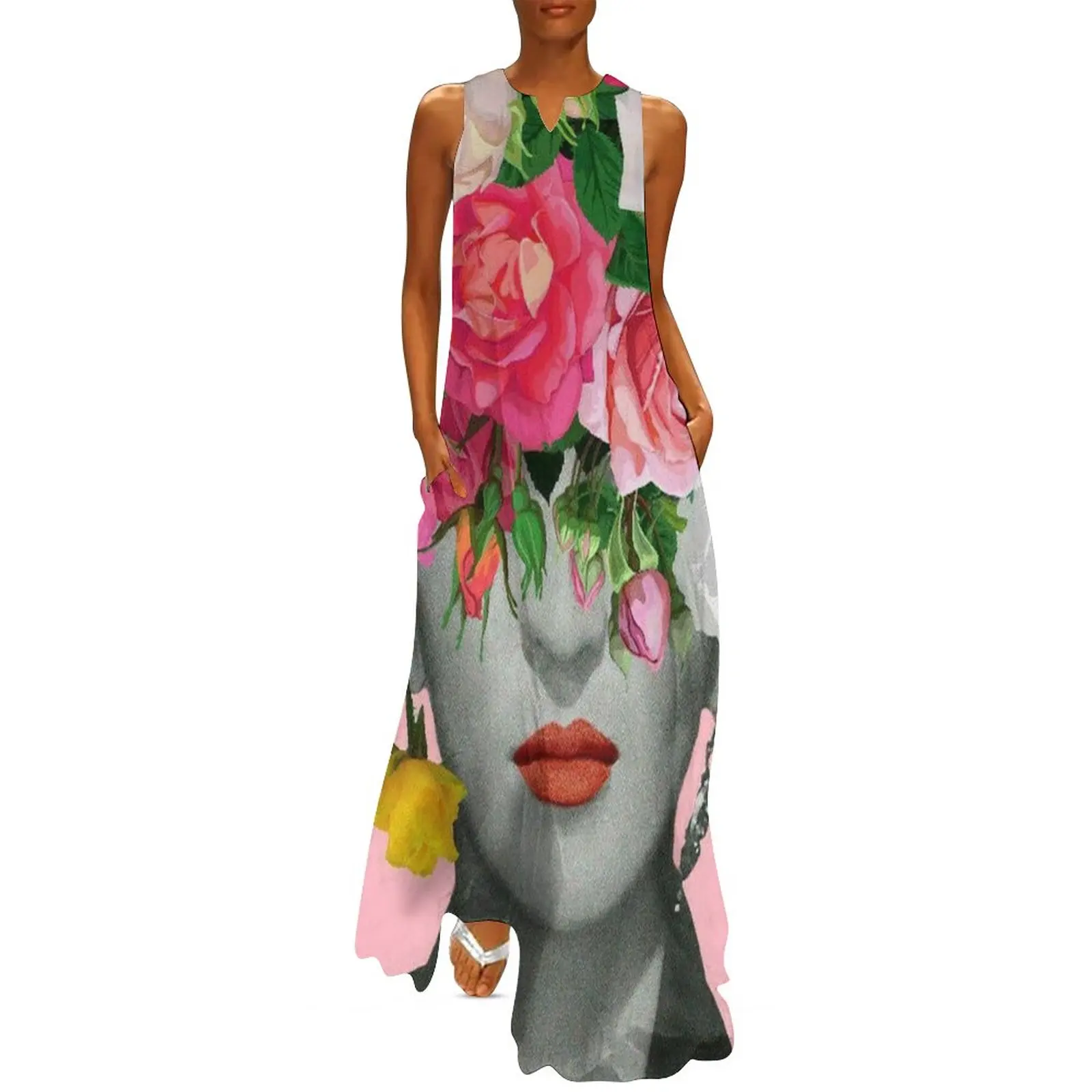 

Abstract Women Head Dress Beautiful Flowers On Head Kawaii Maxi Dress V Neck Bohemia Long Dresses Street Style Oversize Vestido