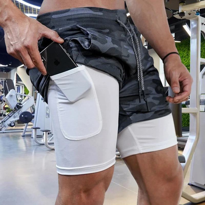 

Men's Running Shorts Camo Gym Fitness Compression Workout Basketball 2 In 1 Tights Quick Dry Training Clothing Sports Shorts Man