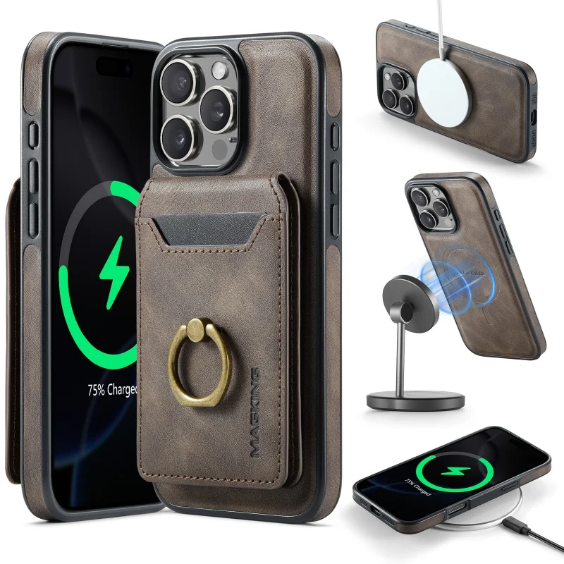 Новый кожаный чехол для телефона с магнитной картой и кольцом iPhone 16 16Pro 16ProMax 15 15Pro
