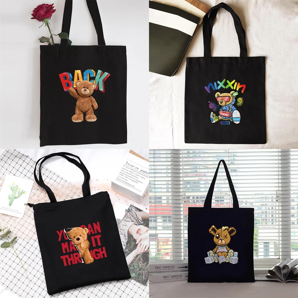 

Women Shopper Organizer Canvas Shopping Bag Handbag Foldable Shoulder Bag Students Large Capacity Grocery Tote Bag Bear Patter