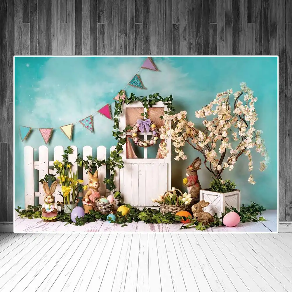 

Easter Backdrops Photography Decoration Courtyard Flowers Blossom Grass Baskets Gate Wall Party Custom Children Photo Background