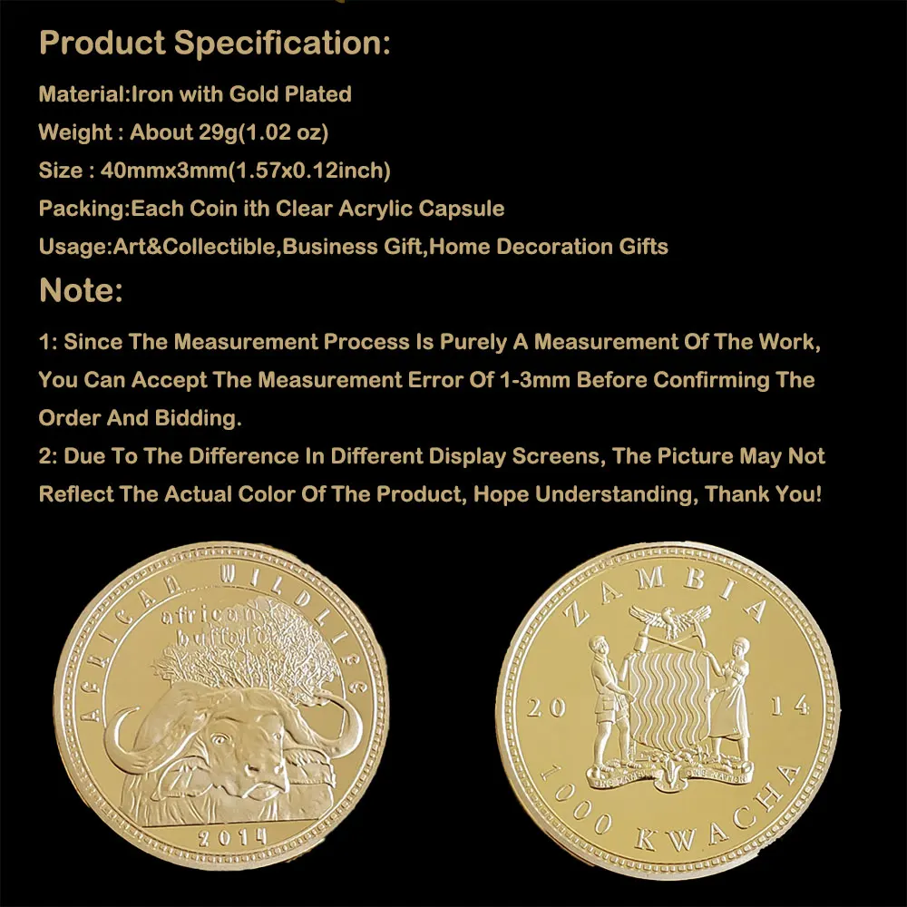 Позолоченные сувениры с африканскими дикими животными буйвола Замбия квача