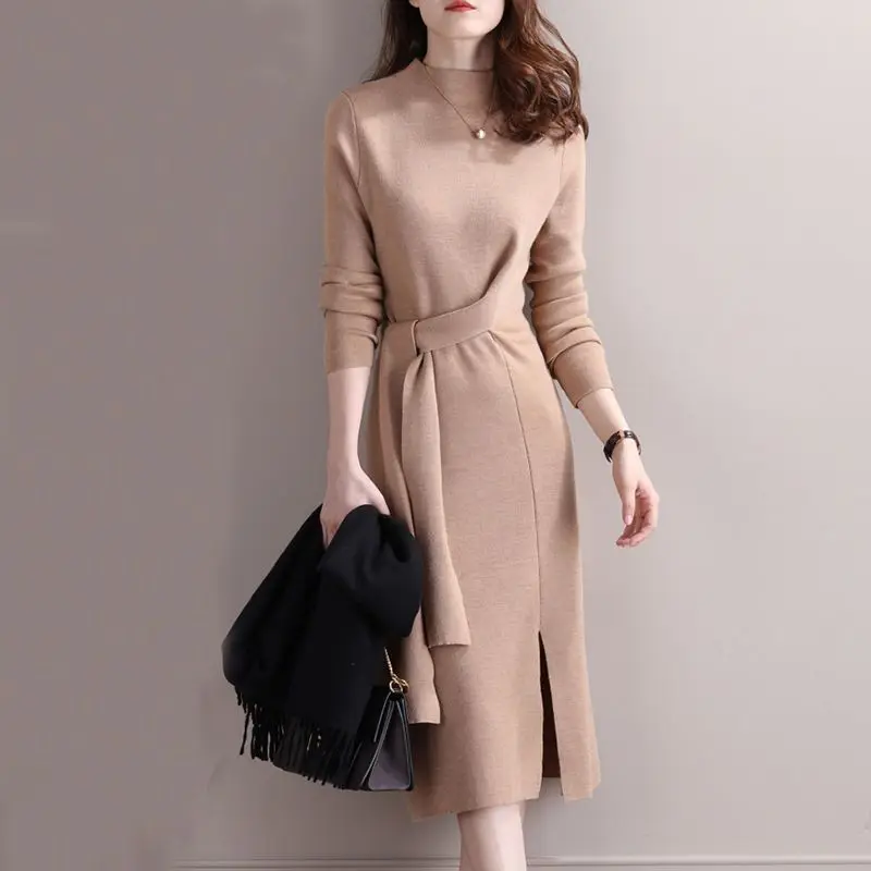

Sweater Dresses Women's Knitted Dress Female Autumn 2023 New O-neck Pullover Loose Thicken Warm Bottom Clothing Dresses G638