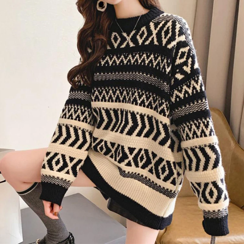 

Korean vintage striped jacquard sweater women's new loose round neck casual knitted pullover in autumn and winter 2022