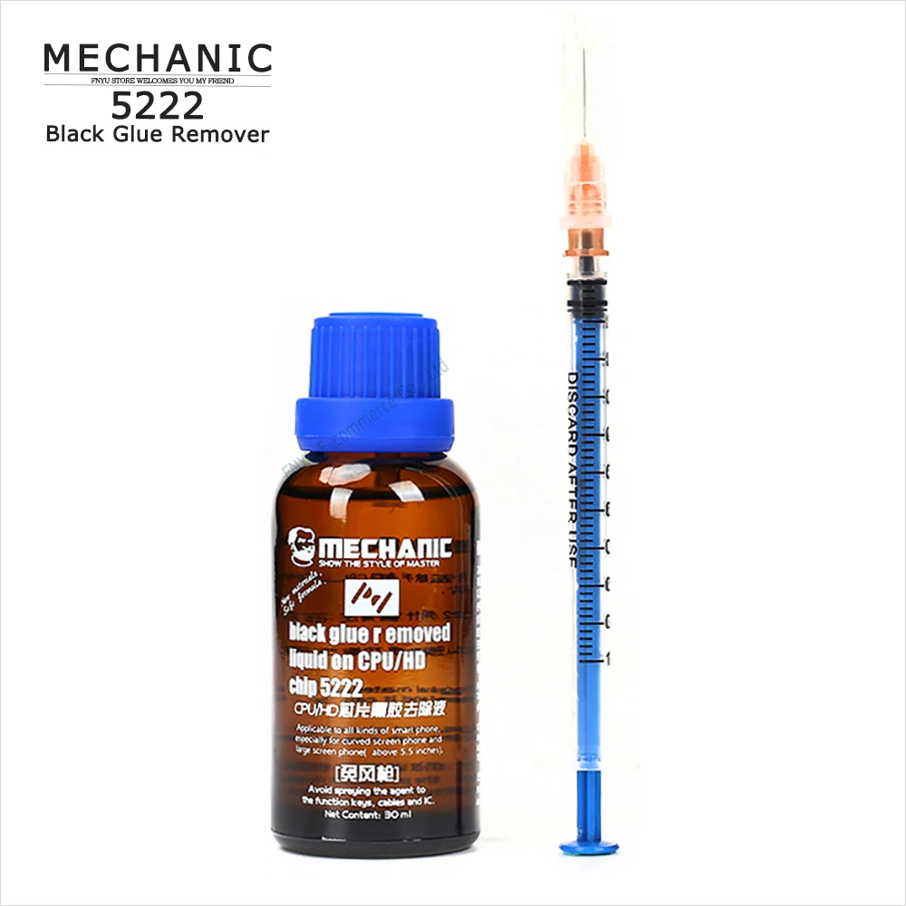 

Black Glue Remover MECHANIC 5222 30ML And Syringe For Smart Phone CPU/HD Chip Repair No Need For Air Gun Vinyl Remover Liquid