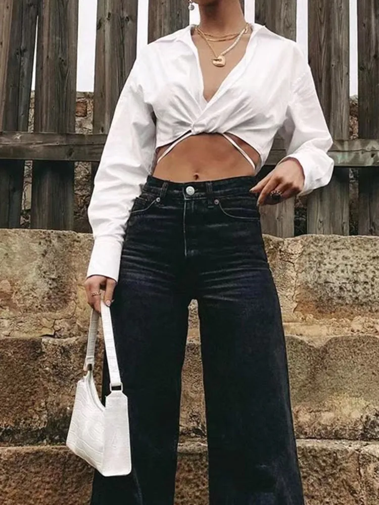 

PUWD Women V Neck Long Sleeve White Blouse 2022 Spring Fashion Ladies High Street Sexy Shirt Female Solid Color Short Shirt