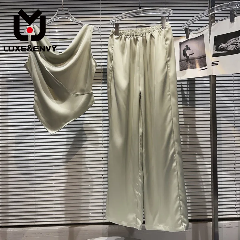 

LUXE&ENVY Summer New Sleeveless Solid Color Pleated Acetate Fabric Tank Tops + Stretch High Waist Wide Leg Pants Two-piece Sets