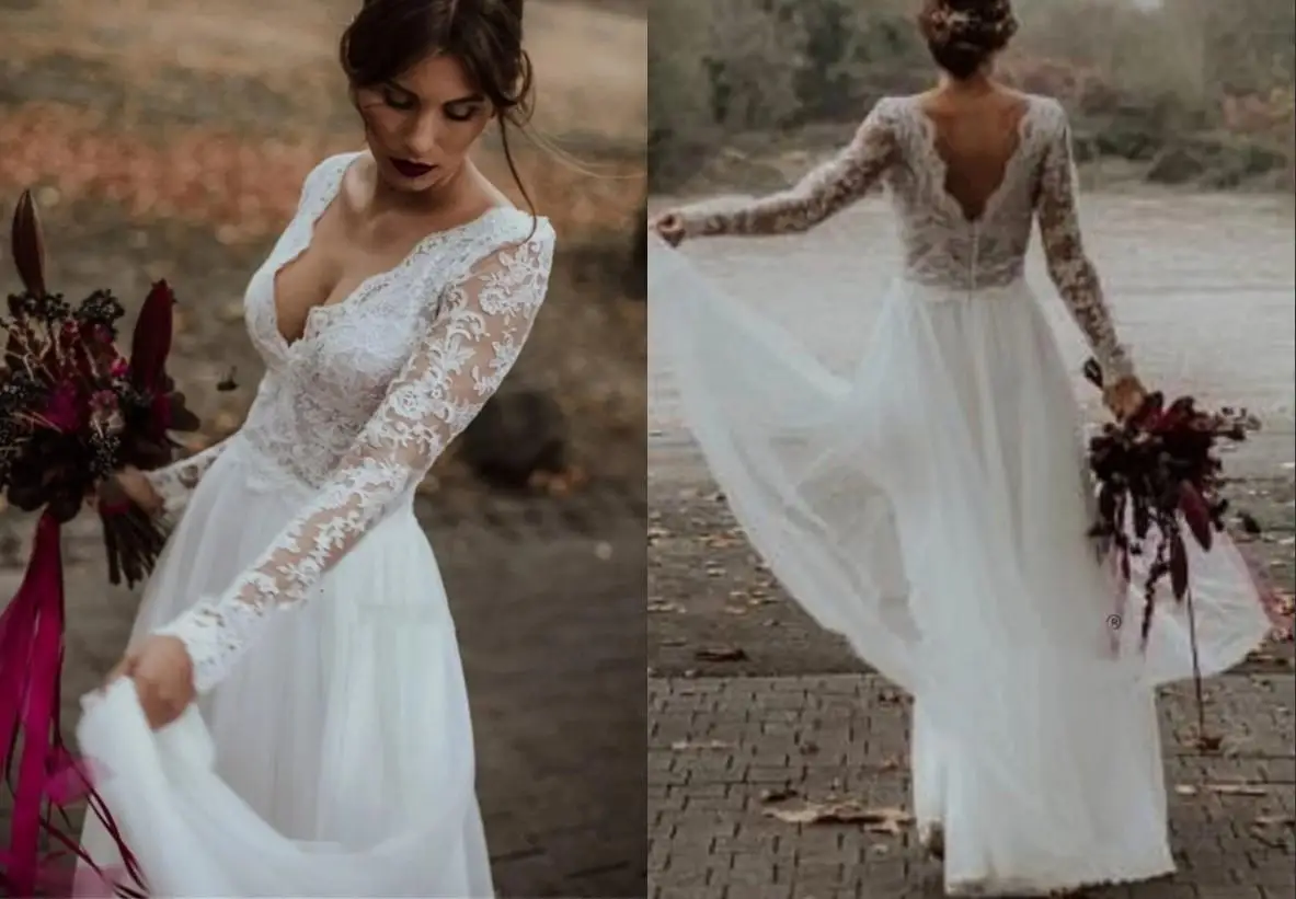 

t Country V neck and Backless Wedding Dress Bridal Gown with Long Illusion Lace Sleeves Tulle Bohemian Ruched Reception Dresses