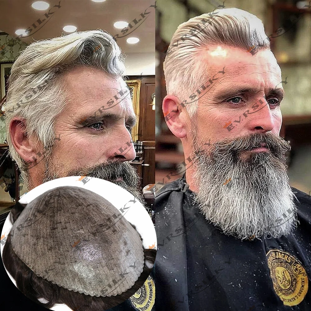 Thin Skin 1B80 1B40 Mens Toupee Human Hair 0.1mm Durable Full PU Grry Black Mix Wig Capillary Prosthesis Toupet Male Replacement