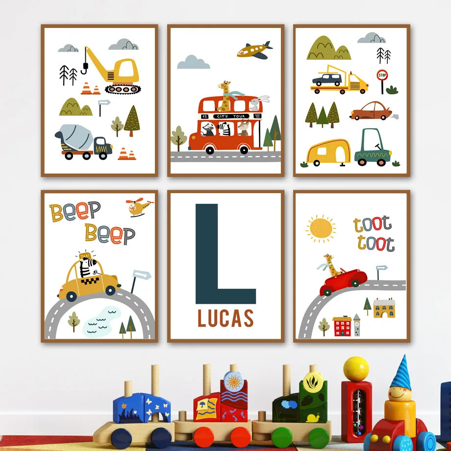 

Child Poster In Nursery Cartoon Transport Car Custom Baby Name Wall Art Prints Canvas Painting Kids Room Decor Pictures
