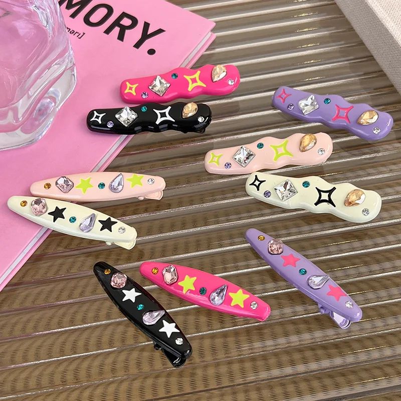 

Y2K Girls Hairpin Accessories Colorful Stars Rhinestone Hairpin Spice Bangs Hairpin Side Broken Hairpin Duck Beak Clip