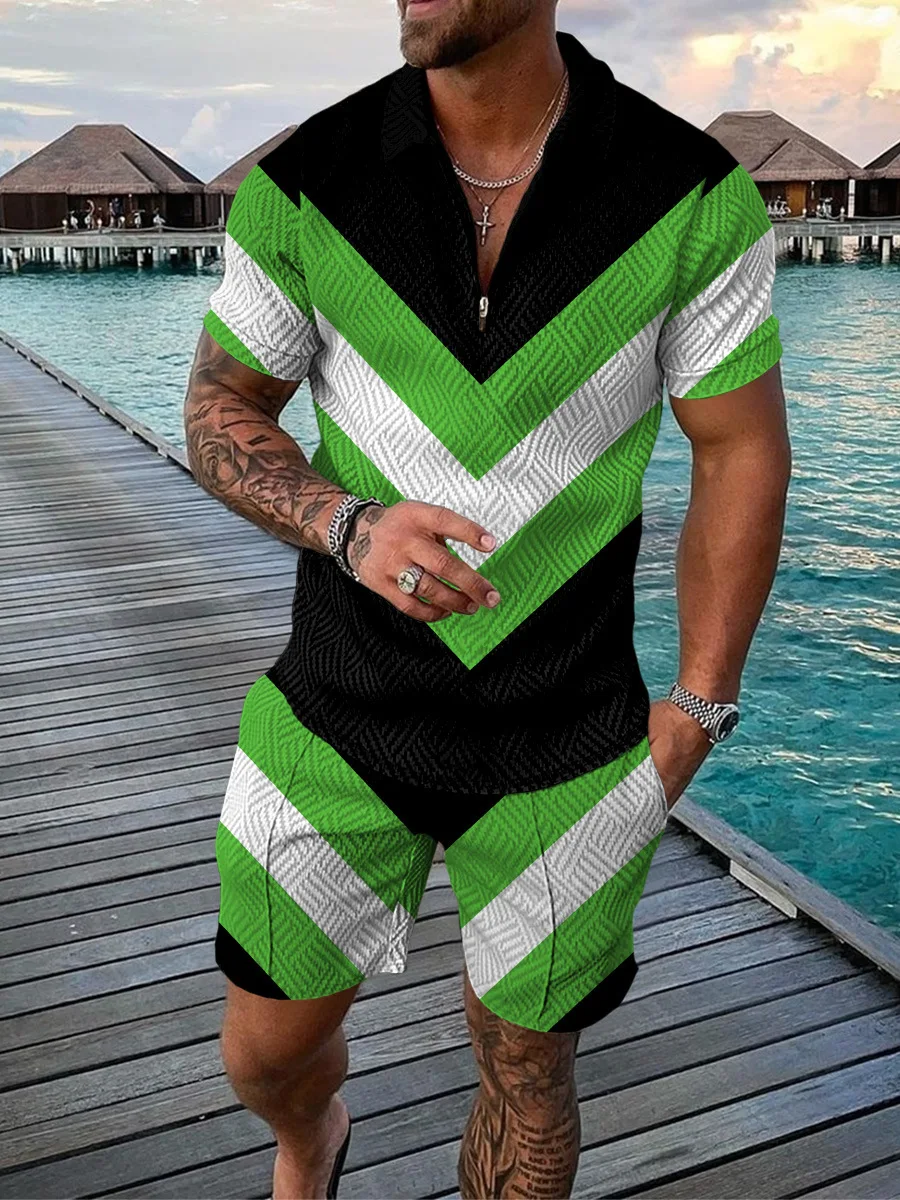 Summer Men Polo Shirt Short Tracksuit Zipper Patchwork Striped Polo Set 2Pieces Casual Suit Streetwear Outfits for Man Fashion