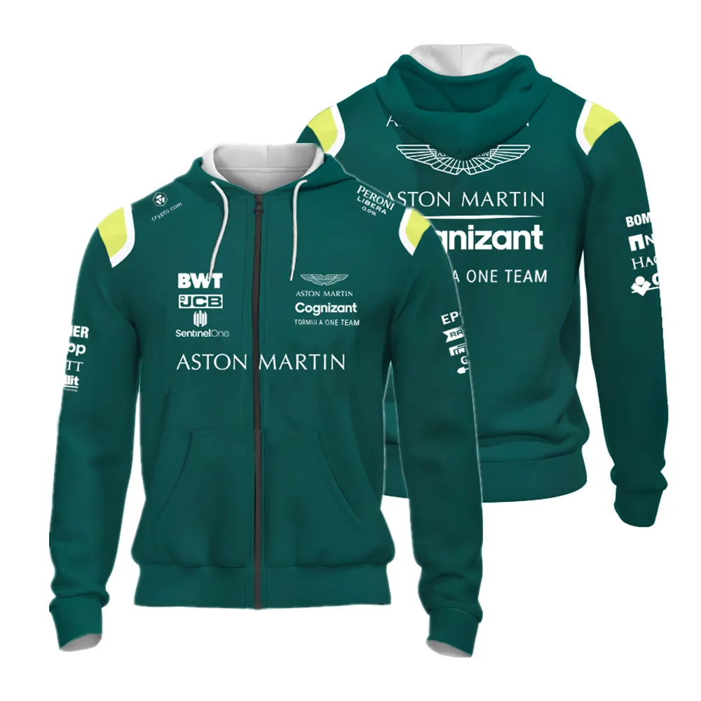 2023 Formula 1 Aston Martin Hoodie, F1 Alonso Racing Suit, Men's and Women's Green Zipper Sweater, Oversized, MOTO Cycling Suit