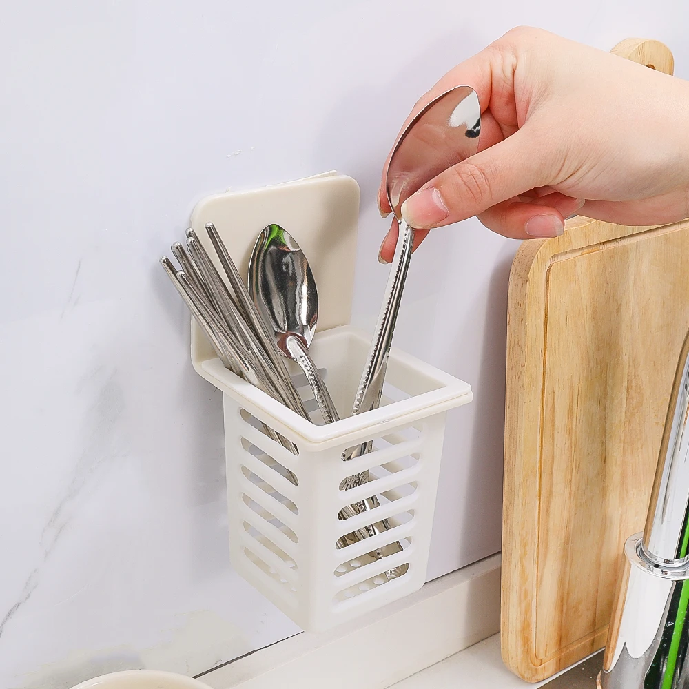 

Bathroom Drain Cosmetics Holder Spoon Self-adhesive Basket Hanging Supplies Chopsticks Basket Box Tableware Wall Kitchen Storage