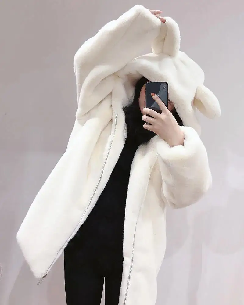 Faux Fur Women Coats Winter Hooded Solid Thicken Warm Rabbit Ears beer Fleece women winter Casual Zippe Female Outwear Top cute