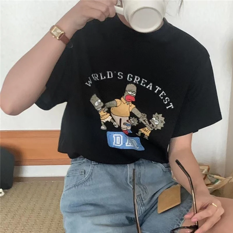 

Футболка женская с круглым вырезом, милый Повседневный Топ с мультяшным принтом, свободная рубашка с коротким рукавом, в Корейском стиле, в ...