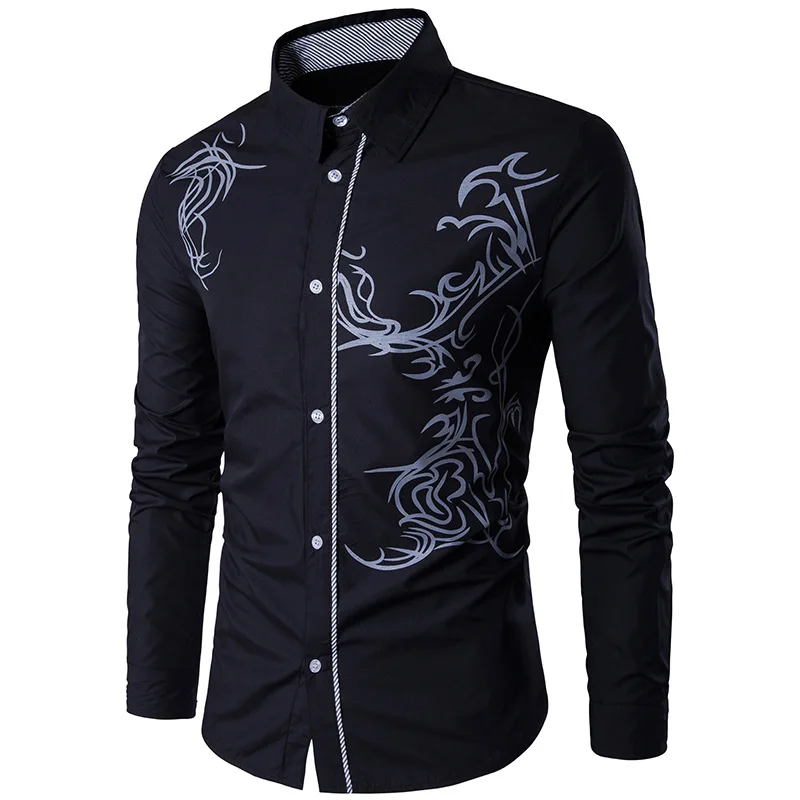 2022 New Spring Men's Shirts Slim Men's Long-sleeved Dragon Print Long-sleeved Slim Personality Travel Clothing Shirts for Men