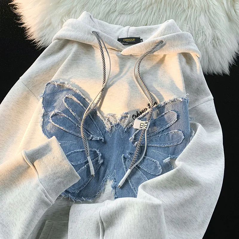 Retro Butterfly Patch Brushed Hoody Women's Winter Casual Thick Coat Fashion New winter clothes women  hoodies