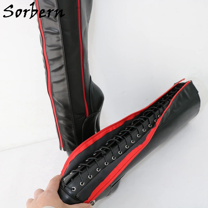 Sorbern Sexy Ballet Boots Women Black Red Zipper Lockable Custom Circumference Lace Up Knee High Ballet Fetish Pain Boots