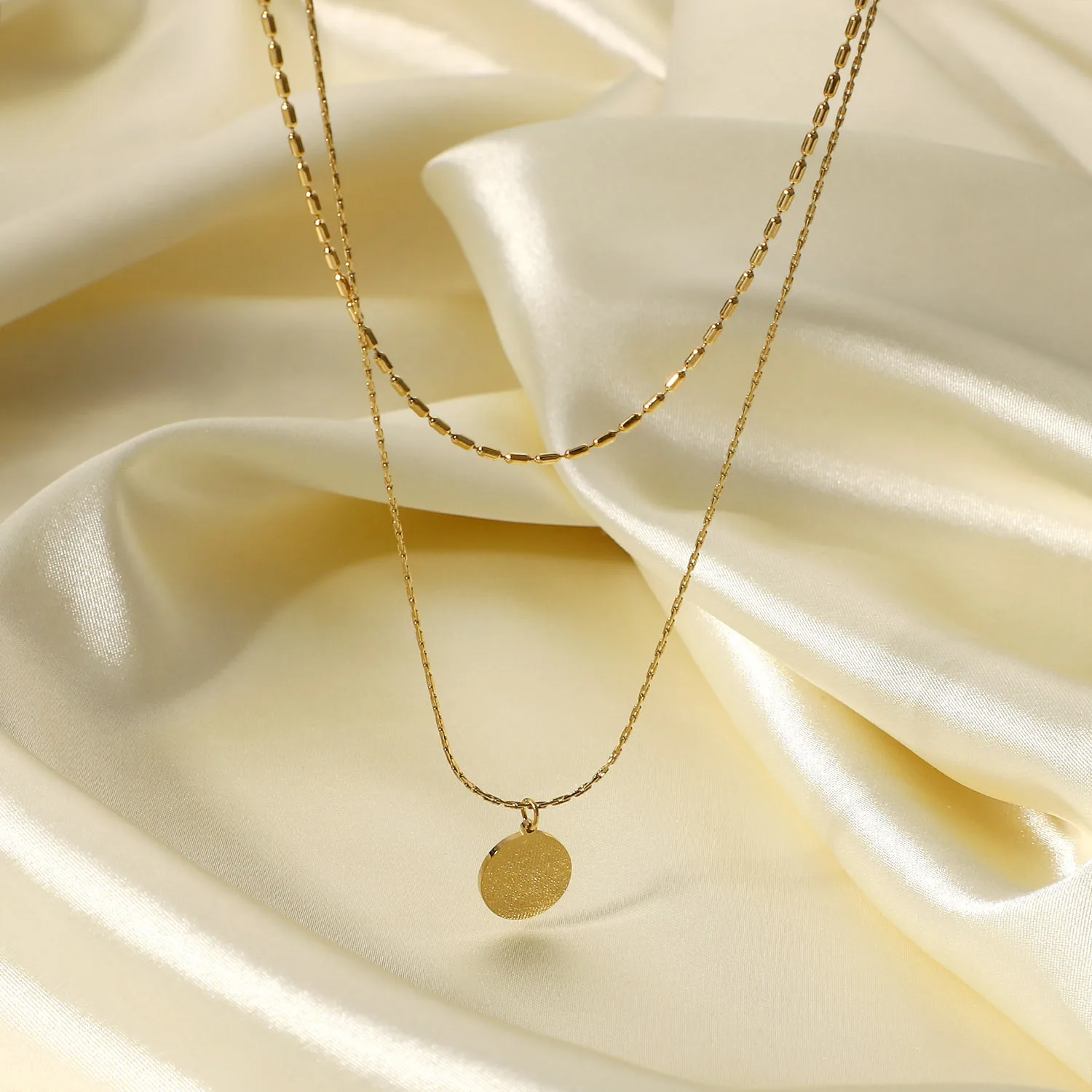 

Minar Dainty Gold Color Round Coin Pendant Necklace for Women Trendy Double Layered Beads Chain Stainless Steel Necklaces Gift