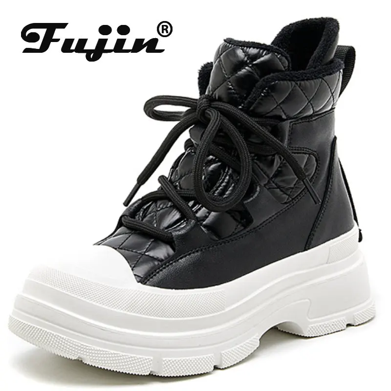 

Fujin 6.5cm Down Cloth Genuine Leather Platform Wedge Snow Ankle Boots Women Casual Autumn Winter Plush Warm Sneakers Lady Shoes