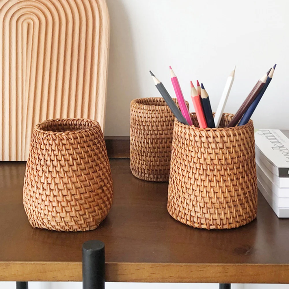 

Rattan Pen Holder Handwoven Pencil Makeup Brush Organizer Multi-Purpose For Home Office Desk Storage Baskets