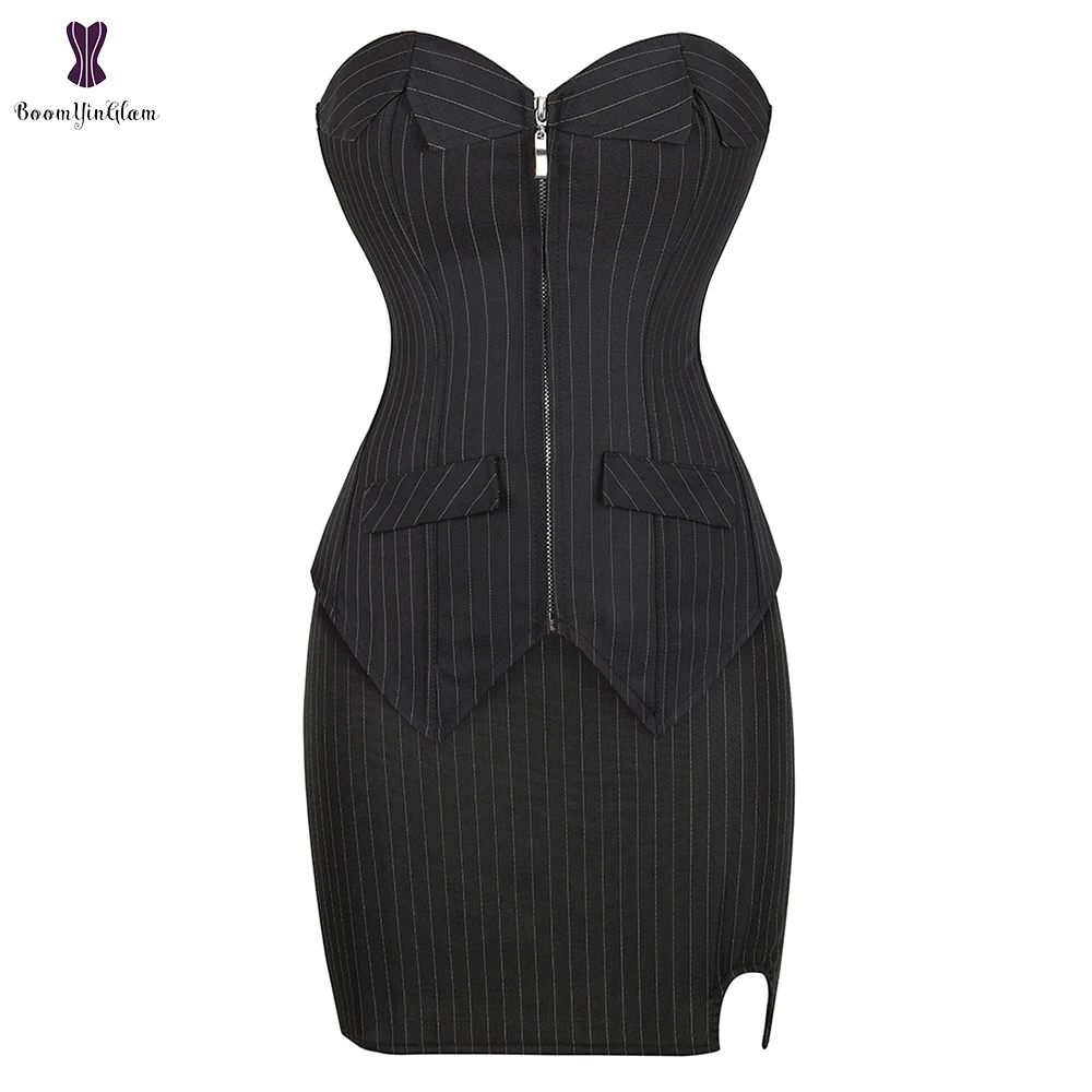 

Черное платье-корсет в тонкую полоску без бретелек, Женский костюм в готическом стиле на молнии, Женский строгий корсет с обхватом груди, Женский корсет для офиса