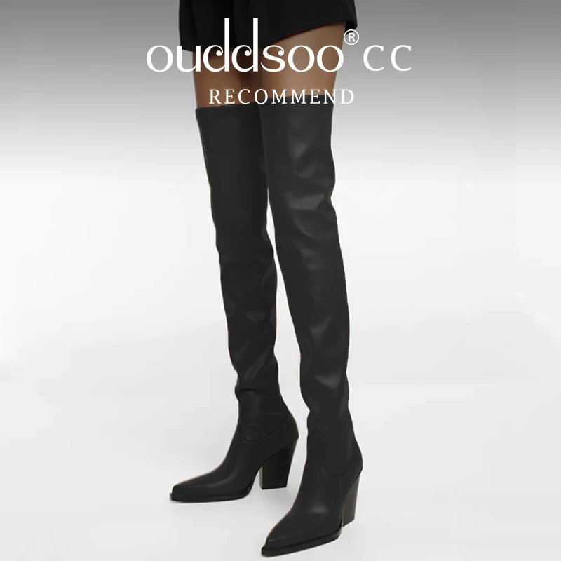 ODS Brand Genuine Leather Thick Heels Autumn Winter Over The Knee High Boots Woman Sexy Pointed Toe Stretch Shoes Party 40414346