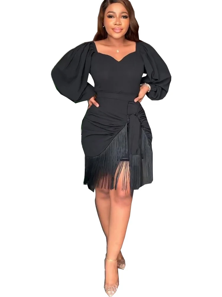 

African Dresses For Women With Tassel Lantern Sleeve African Kanga Clothing Spring Autumn New Solid African OL Party Dress 2022