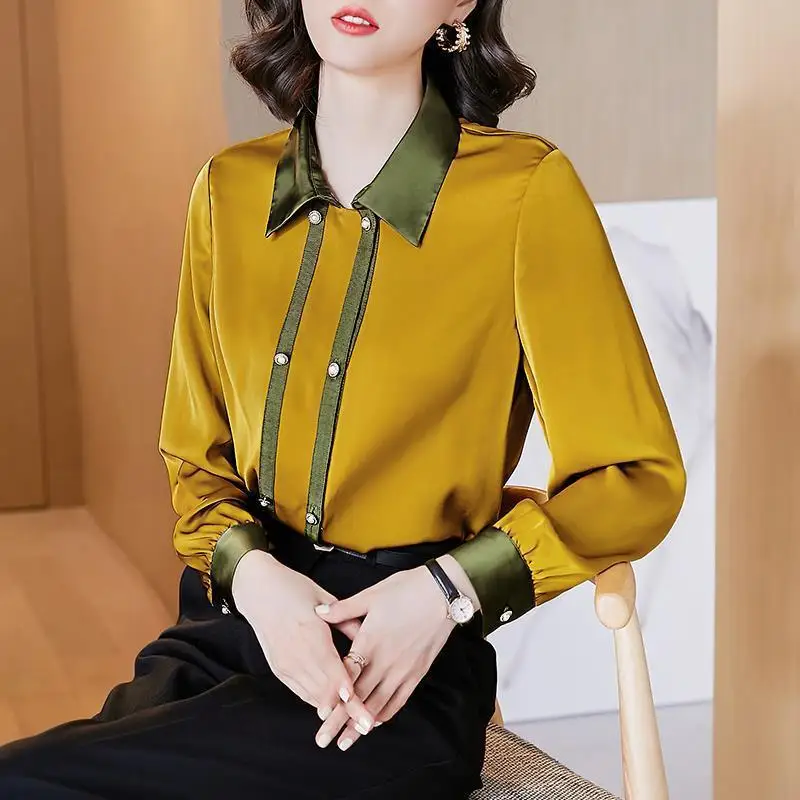 

Imitation silk shirt women 2021 spring new fashion women's shirt contrast color stitching long-sleeved top women casual