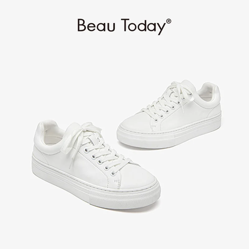 

BeauToday Casual Sneakers Women Genuine Cow Leather Sewing White Shoes Round Toe Cross-Tied Ladies Concise Flats Handmade 29165