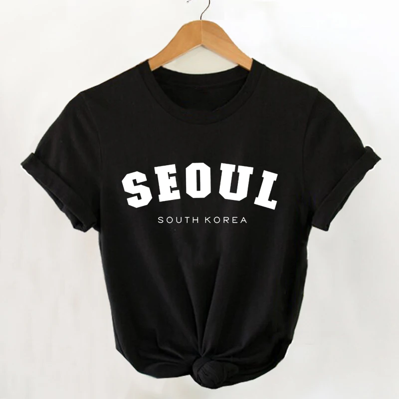 Camiseta de Corea del Sur con citas para mujer, camisa informal con cuello redondo, moda coreana, ropa de calle para mujer