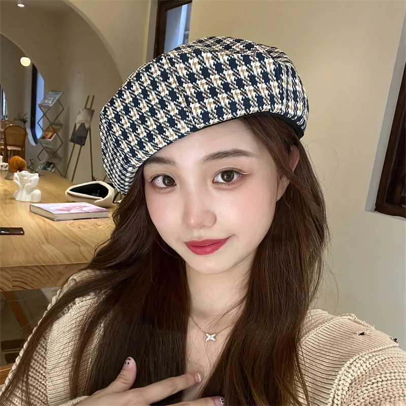 Женский осенне-зимний восьмиугольный берет в клетку винтажная шапка художника