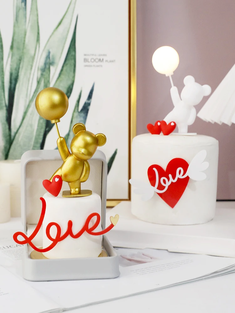 

Balloon Baby Bear Cake Topper Ornament Pink Gold Valentine's Day Happy Birthday Cake Decoration Baking Supplies Baby Shower