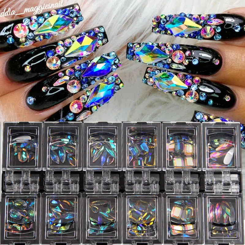 

12 Grids 3D Glitter Nail Rhinestones Mixed Size Glass Crystals Shiny Gems DIY Nail Art Tips Decorations Manicure Diamonds